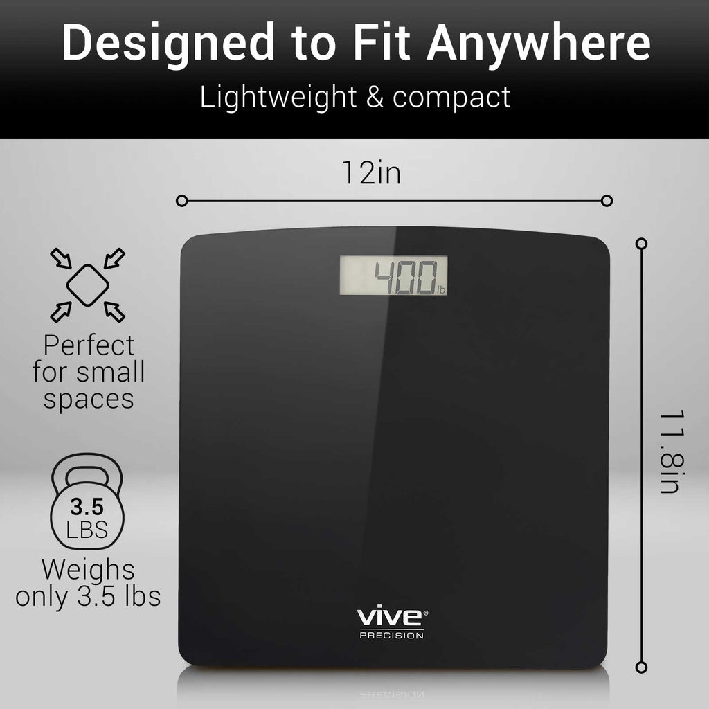 Black digital bathroom scale with dimensions and features on a gray background