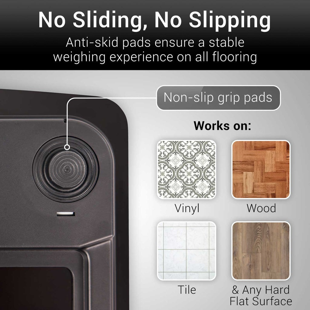 Anti-skid pads for stable weighing experience on various flooring types with text and graphics.