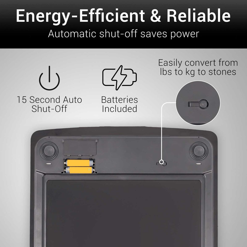 Back view of a digital scale with features highlighted on a gray background