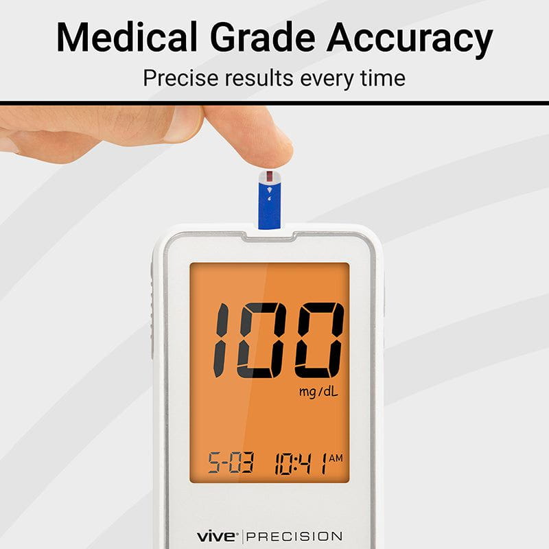 Digital blood glucose meter with a hand holding a test strip, displaying '100 mg/dL' on an orange screen.