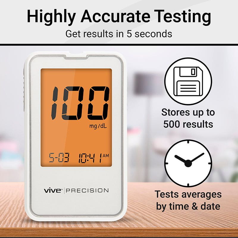 Digital血糖仪 with display showing '100 mg/dL' and branding 'Vive Precision'.