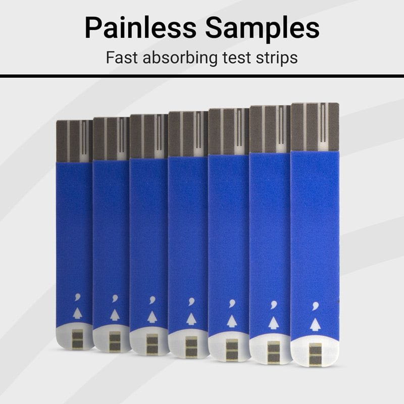 Blue test strips with silver ends labeled 'Painless Samples' on a white background
