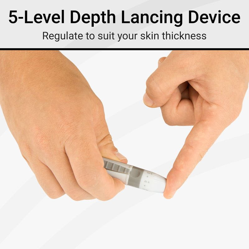 Hand holding a 5-level depth lancing device with text indicating adjustable skin thickness.