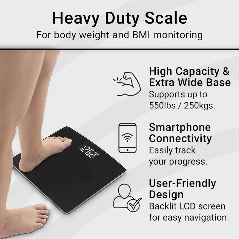 Heavy duty scale with person stepping on it, highlighting features like high capacity, smartphone connectivity, and user-friendly design.