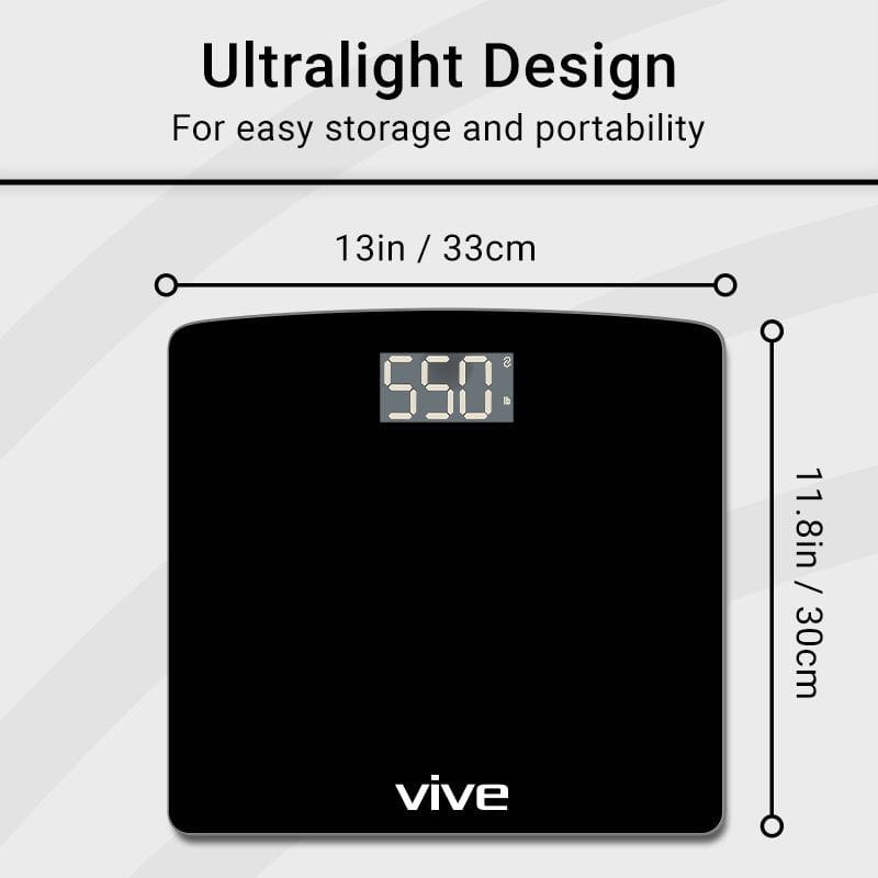 Black digital bathroom scale with dimensions and 'vive' branding