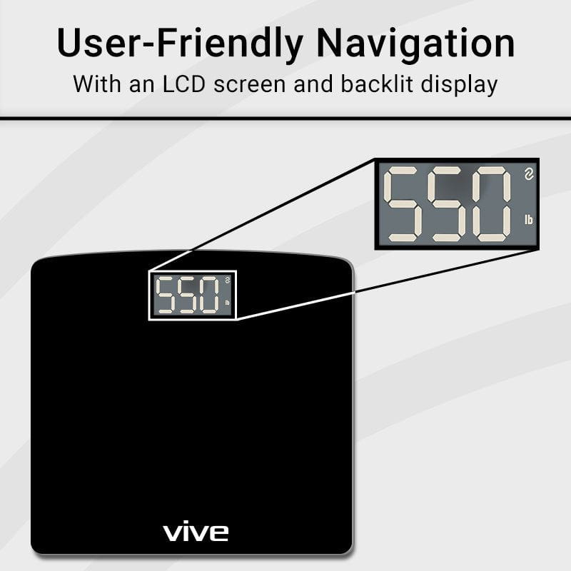 Digital bathroom scale with LCD screen and backlit display, branded 'Vive'.