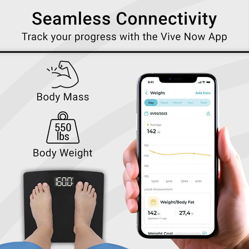 Person using a digital scale with a smartphone displaying the Vive Now app.