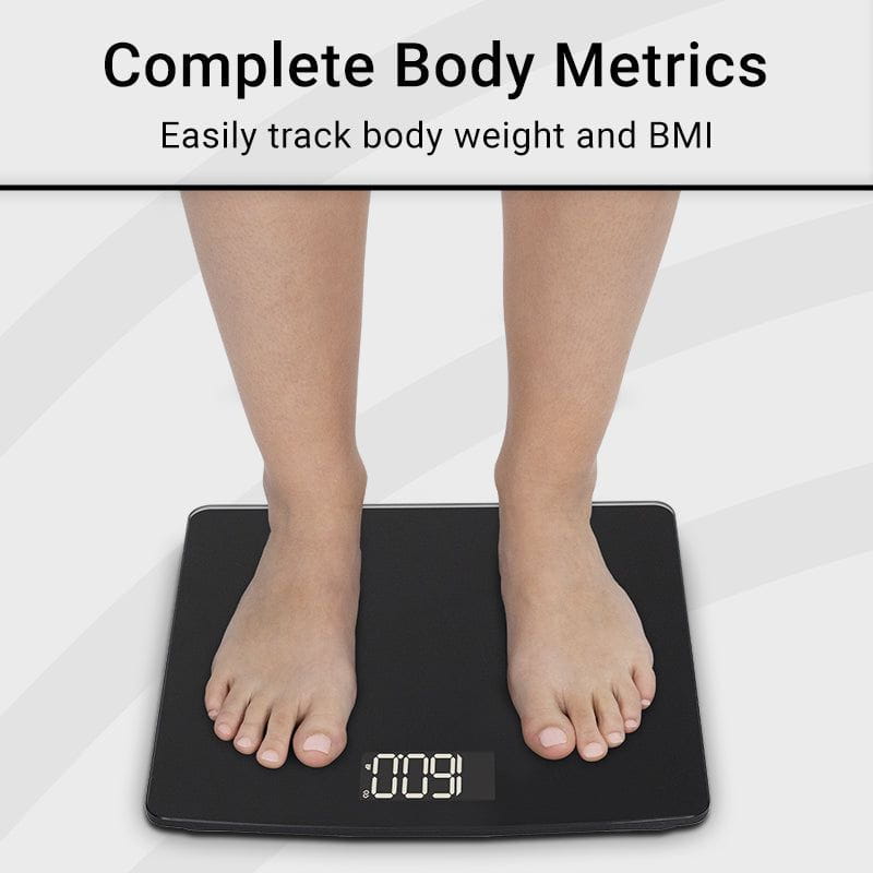 Person standing on a digital体重秤 with text 'Complete Body Metrics' and 'Easily track body weight and BMI'.