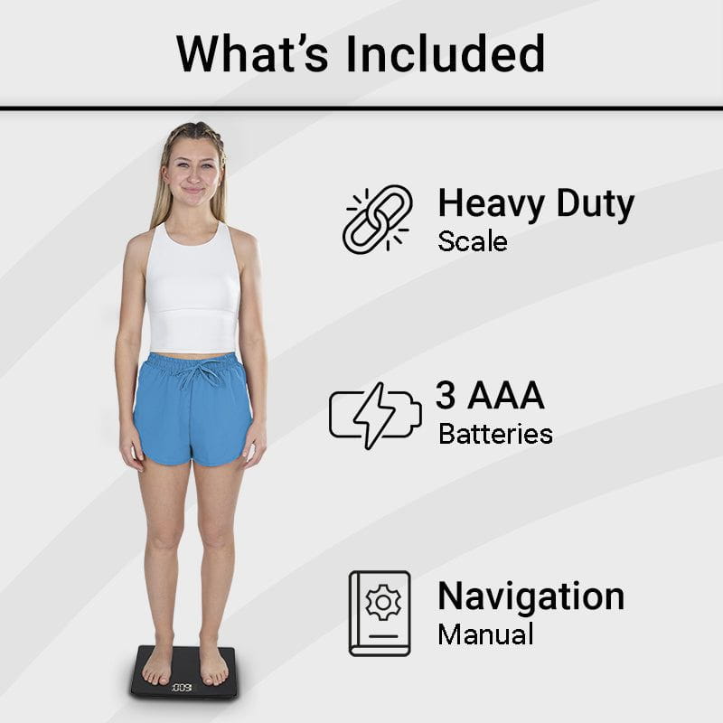 Woman standing on a scale with text indicating included items: Heavy Duty Scale, 3 AAA Batteries, Navigation Manual.
