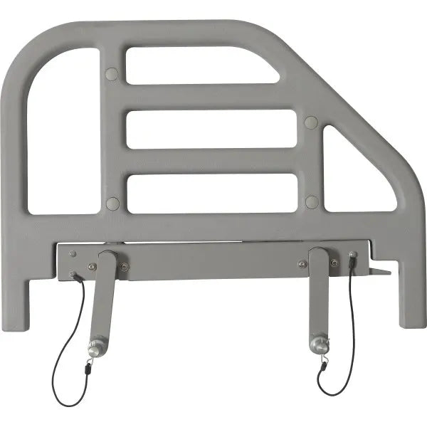 Gray metal bed rail with hooks on a white background