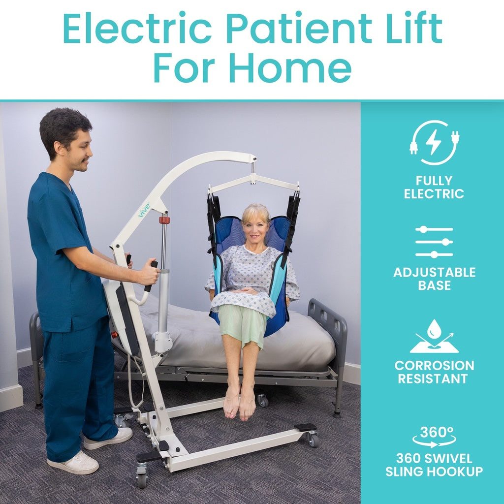 Vive Electric Patient Lift with Sling patient being moved by caregiver