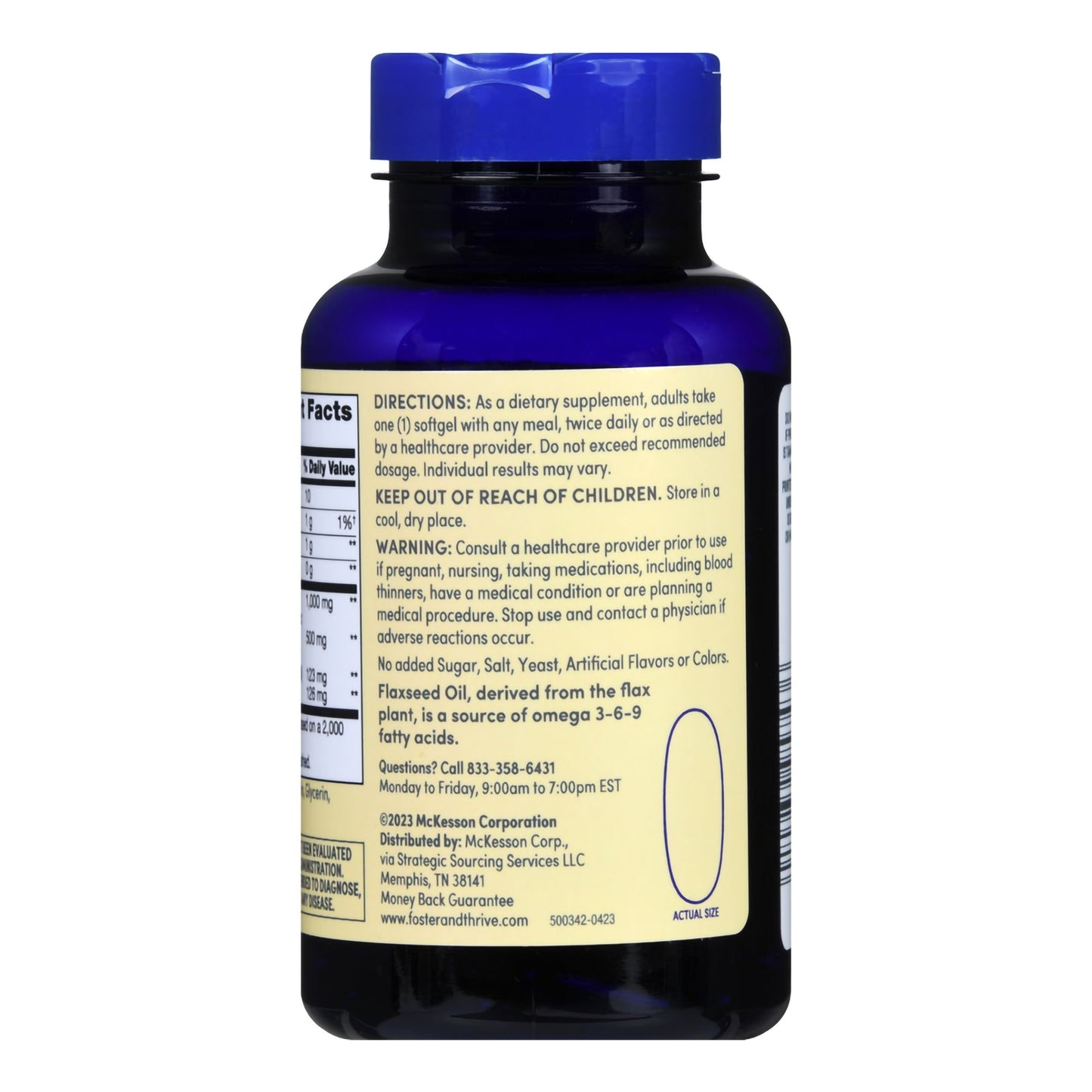 Supplement bottle with blue cap and label on a white background