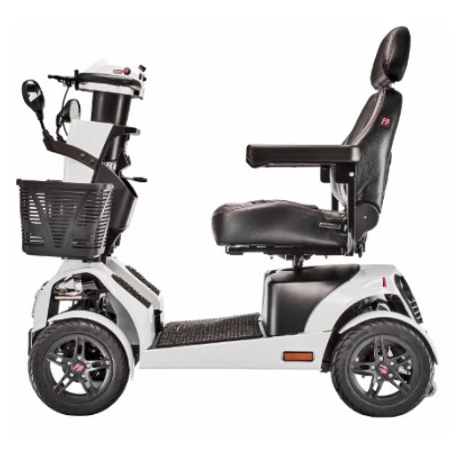 White mobility scooter with black seat and basket on a white background