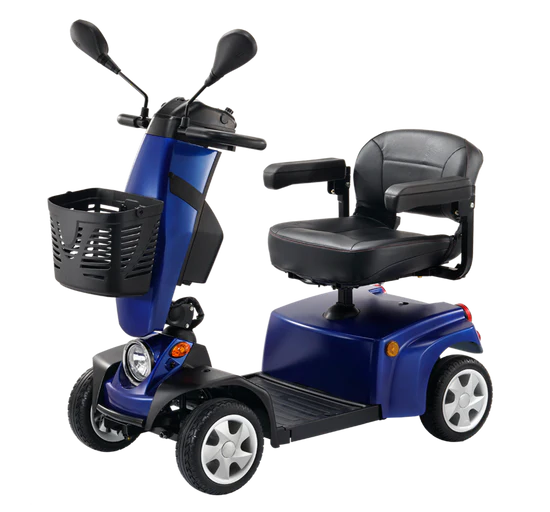Blue mobility scooter with black seat and basket on a white background