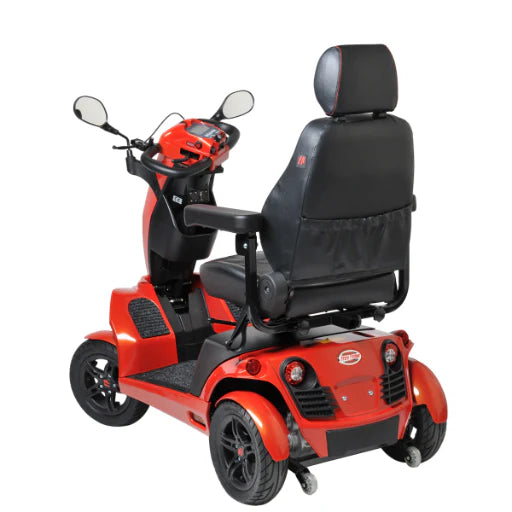 Red mobility scooter with black seat on a white background
