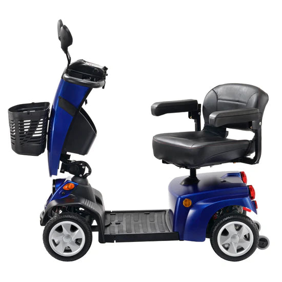Blue and black mobility scooter with basket on a white background