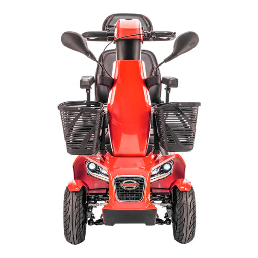 Red mobility scooter with front baskets on a white background