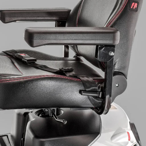 Close-up of a black office chair with armrests and seat on a gray background
