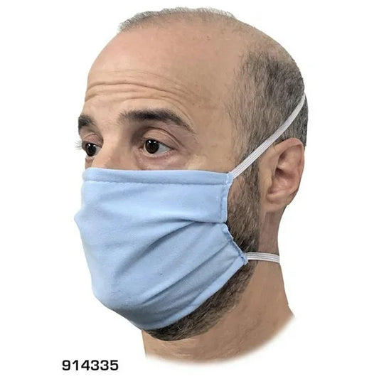 Man wearing a light blue face mask on a white background