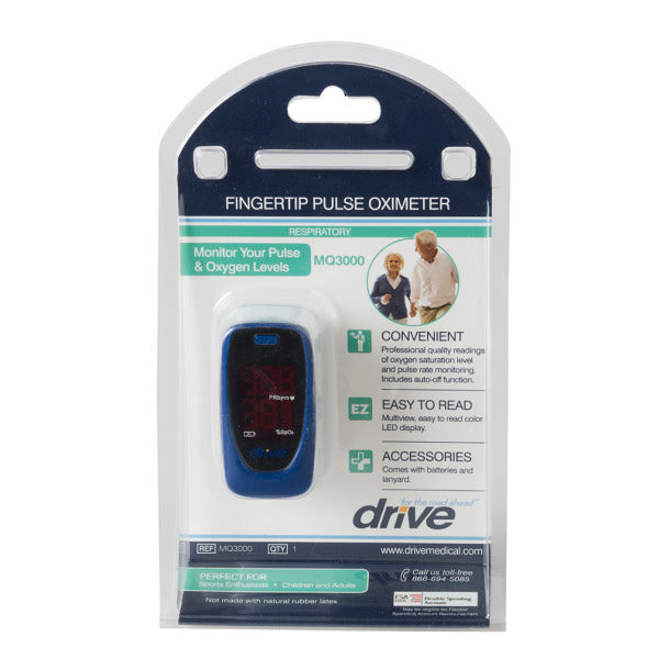 Fingertip pulse oximeter packaging with blue device on a white background