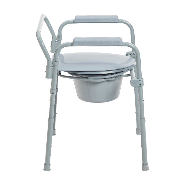 Gray commode chair with seat and backrest on a white background