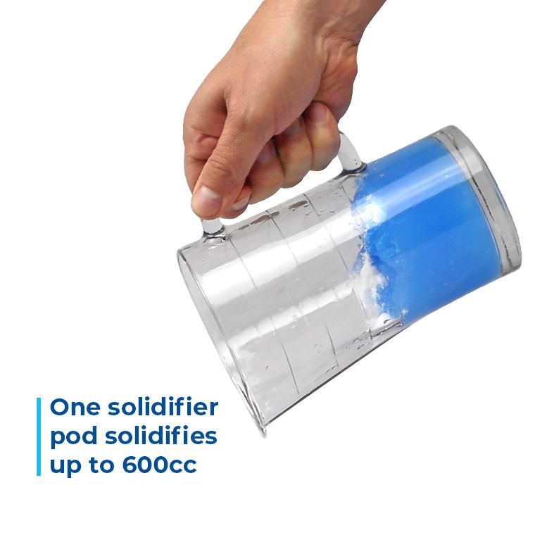 Hand holding a clear container with blue solidifier, text indicating capacity.