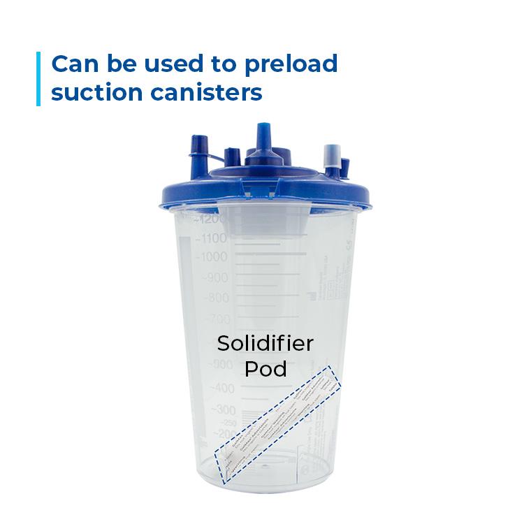 Clear container with blue lid labeled 'Solidifier Pod' on a white background
