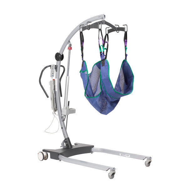 Medical patient lift with a blue sling on a white background
