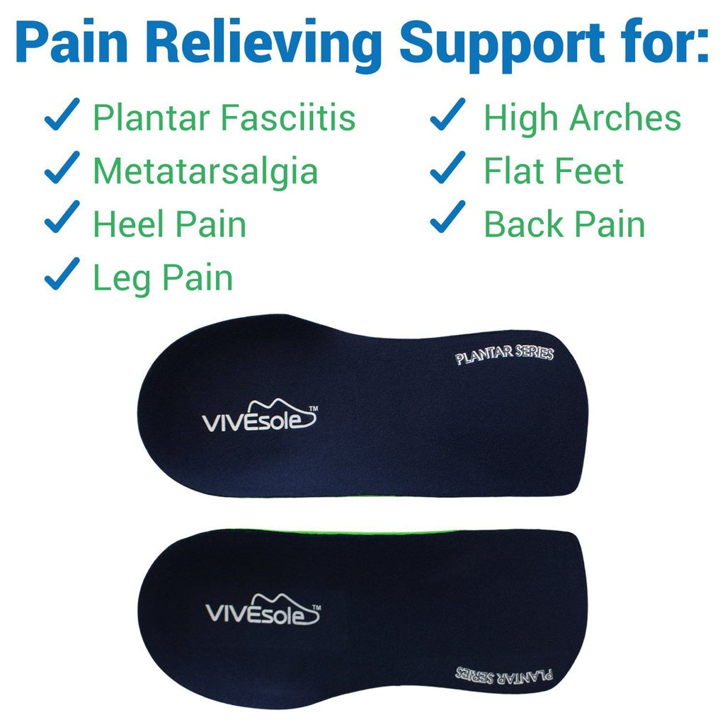 Vivesole plantar fasciitis inserts with a list of pain relief benefits on a white background.