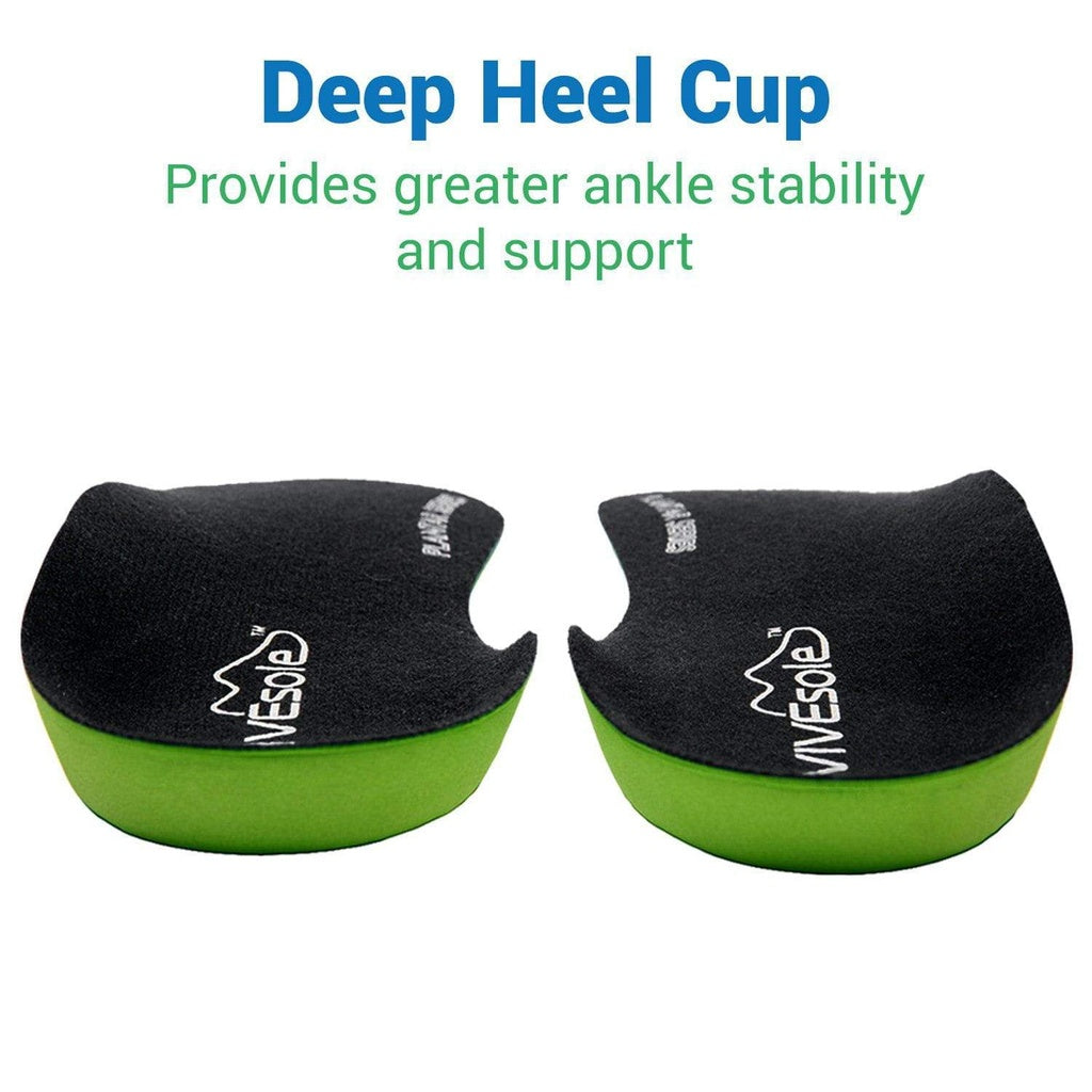 Two deep heel cups with black tops and green bottoms on a white background, featuring Viveole branding.