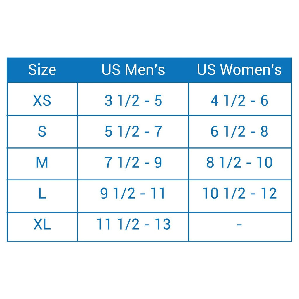 Size chart comparing US Men's and US Women's clothing sizes with blue borders.