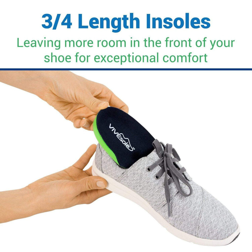 VivSole 3/4 length insole being inserted into a gray shoe with text about comfort.