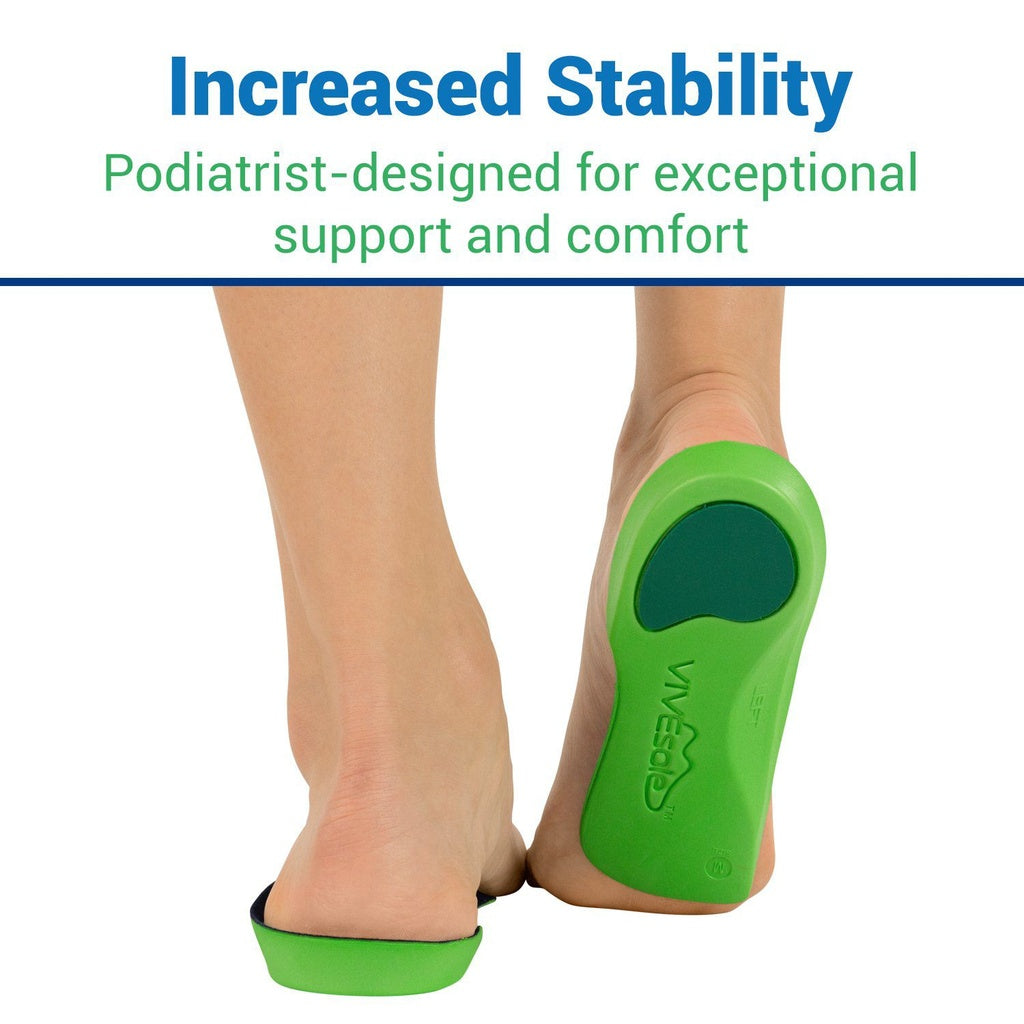Green insoles with 'Vivobarefoot' branding on feet, text about increased stability and podiatrist design.