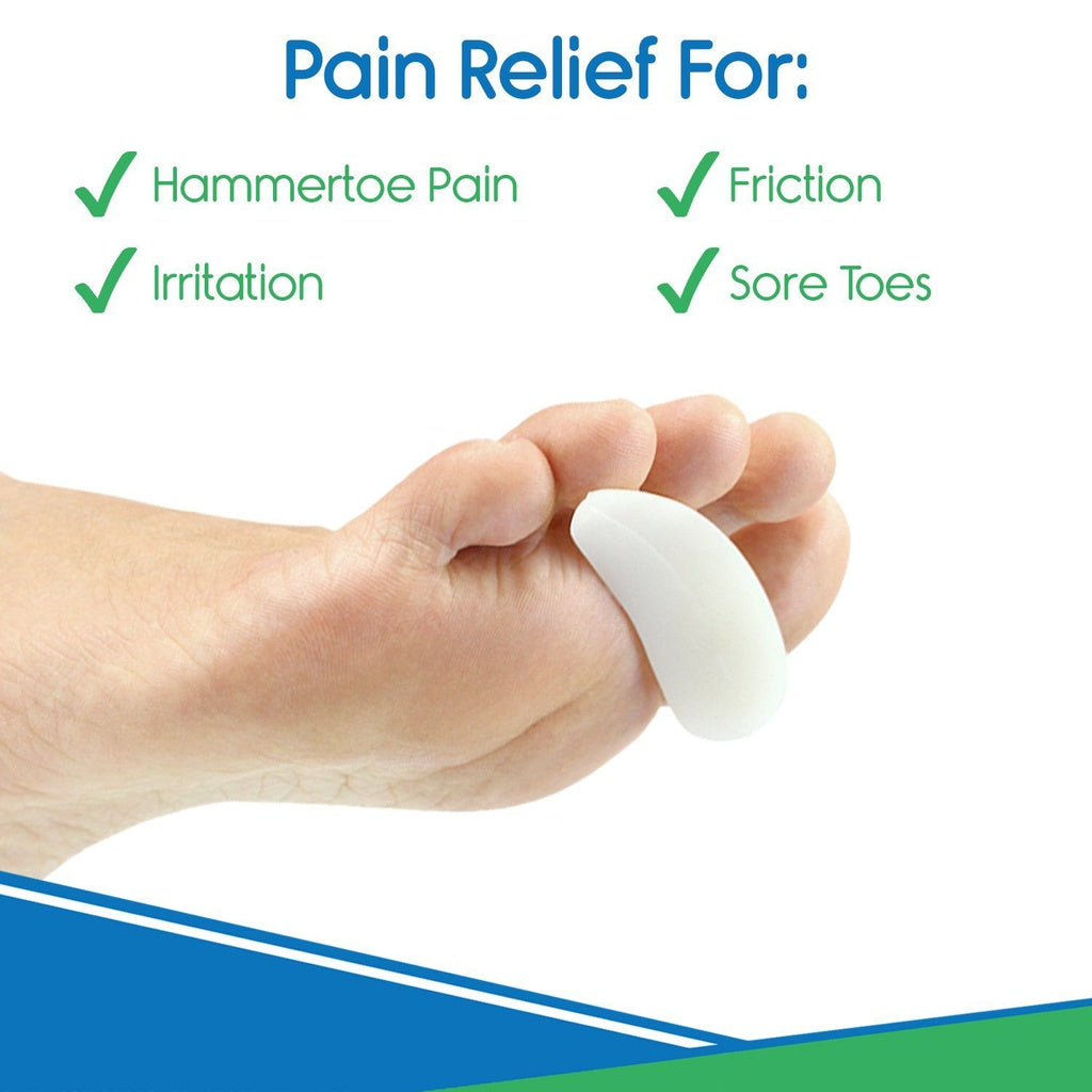 White bunion corrector being worn on a foot with text indicating pain relief for hammertoe, friction, and sore toes.