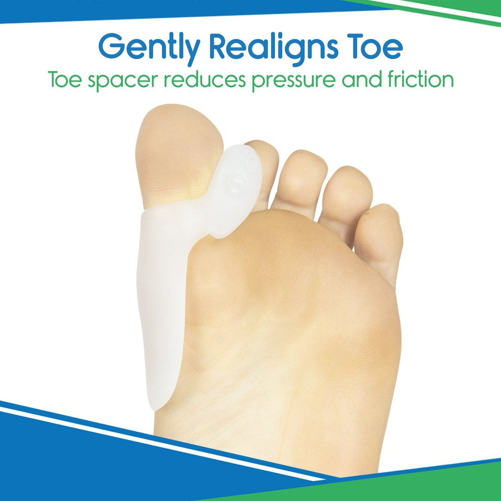 Toe spacer on a foot with text indicating it realigns toes and reduces pressure and friction.