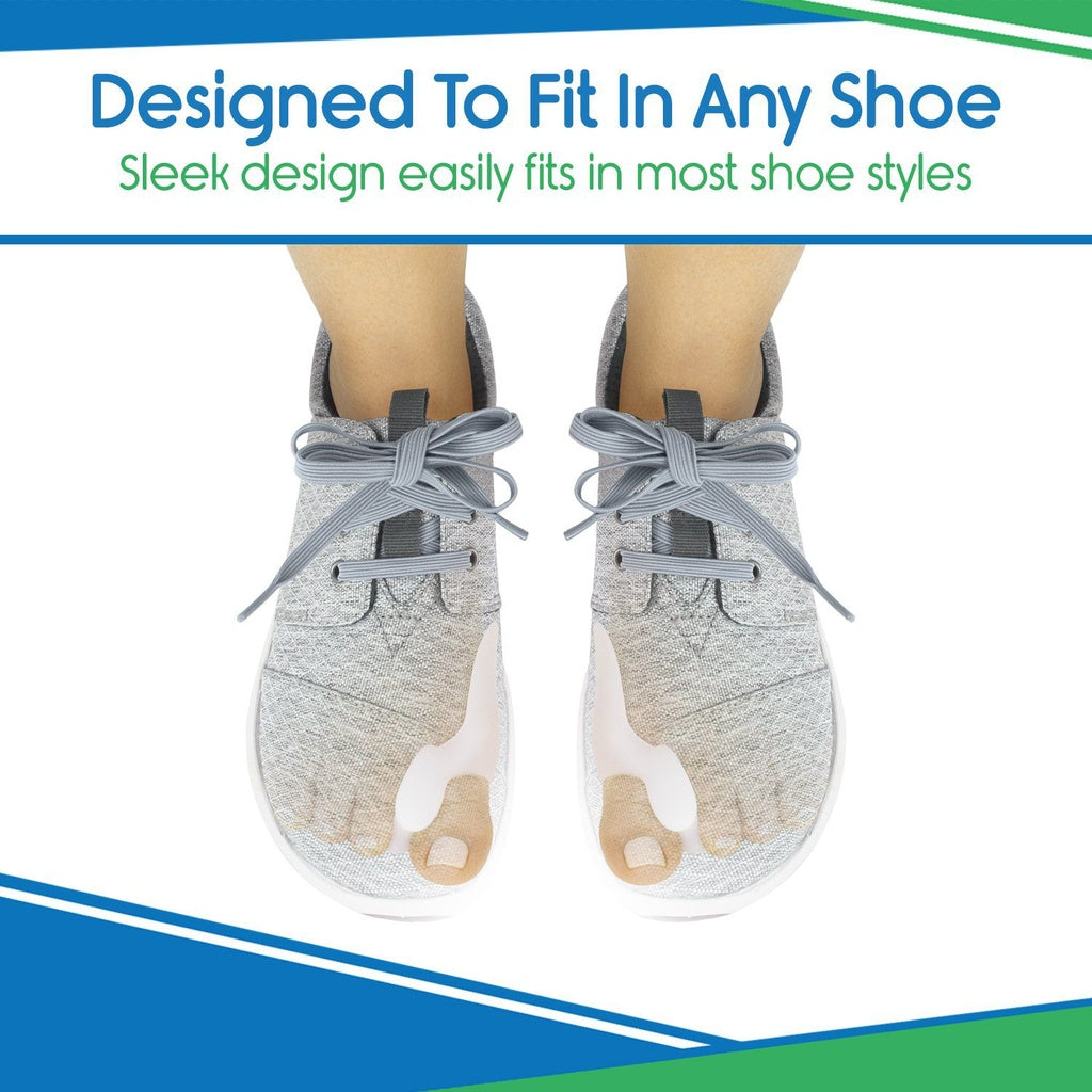 Gray toe shoes with text 'Designed To Fit In Any Shoe' on a white background