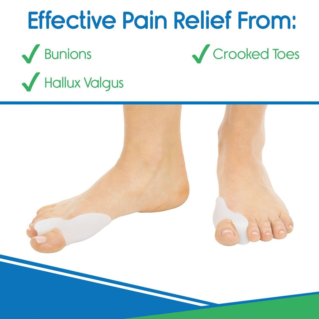 Feet wearing bunion correctors with text indicating pain relief for bunions, crooked toes, and hallux valgus.
