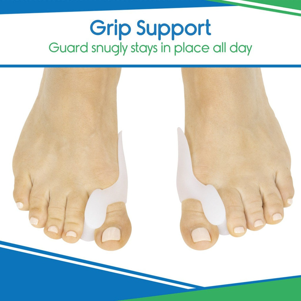 Grip support product on feet with text 'Grip Support' and 'Guard snugly stays in place all day'.