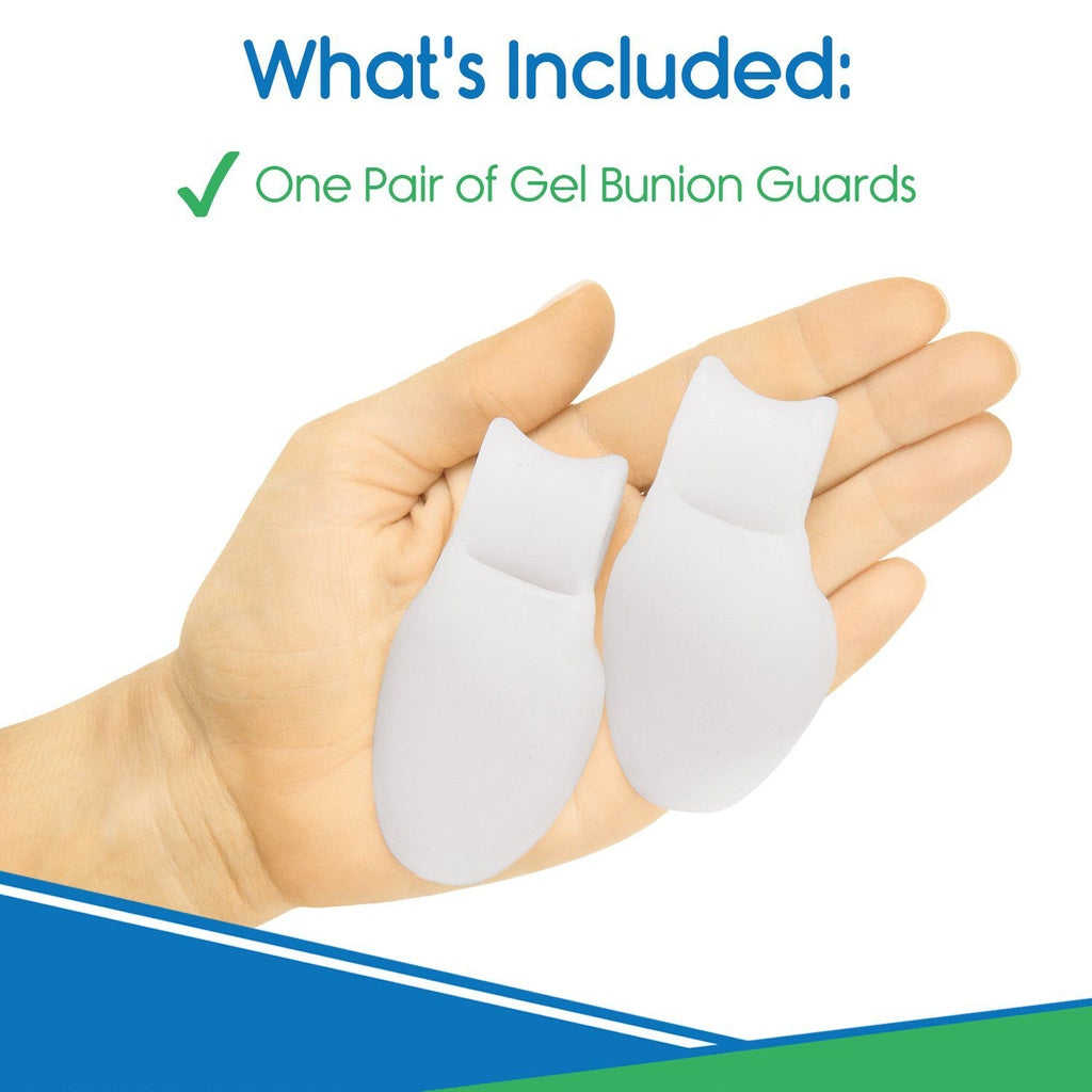 Gel bunion guards on a hand with text indicating what's included.