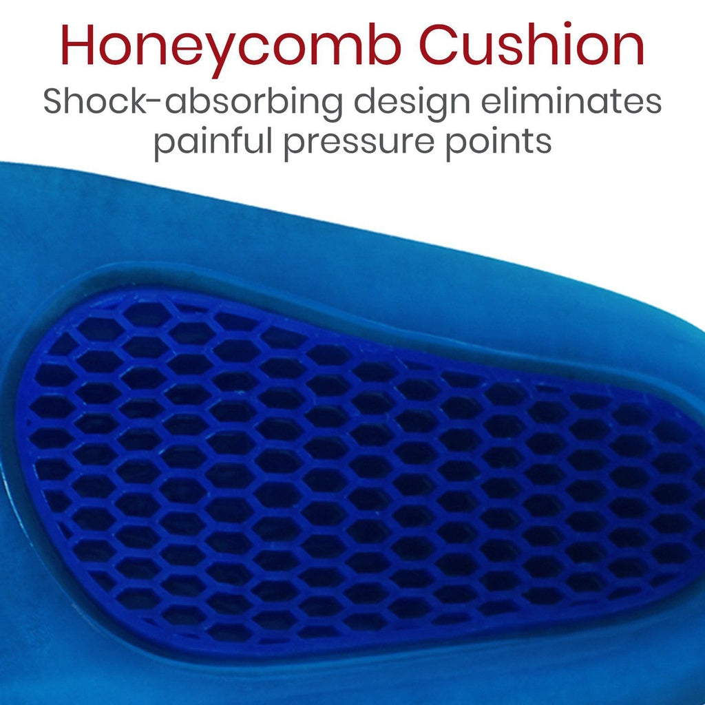 Blue honeycomb cushion with text highlighting its shock-absorbing design on a white background