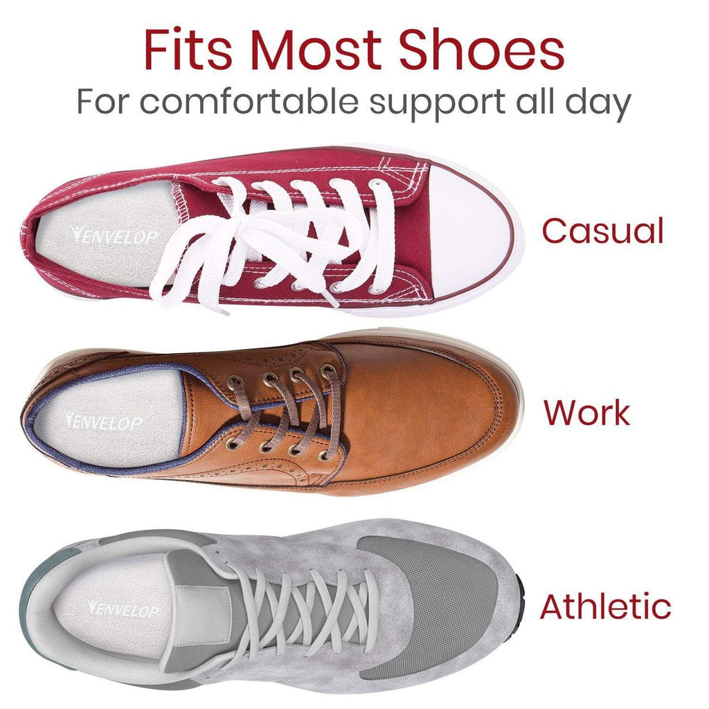 Three pairs of shoes labeled for casual, work, and athletic use on a white background.
