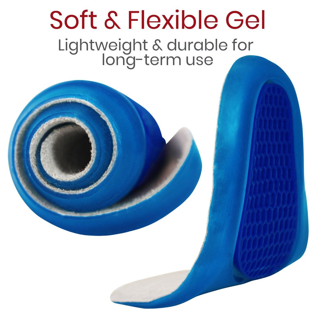 Blue soft and flexible gel insole with text highlighting its features on a white background