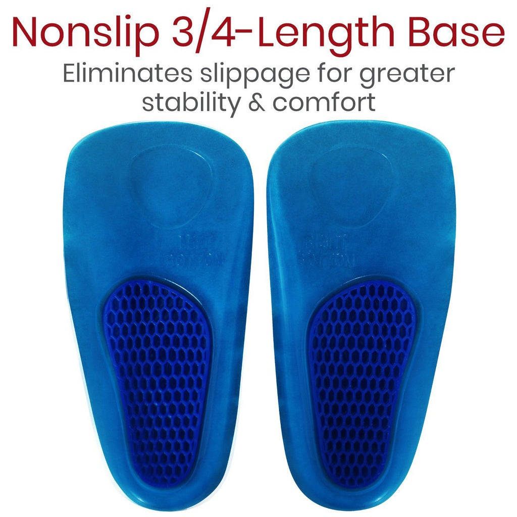 Blue shoe inserts with a nonslip 3/4-length base on a white background