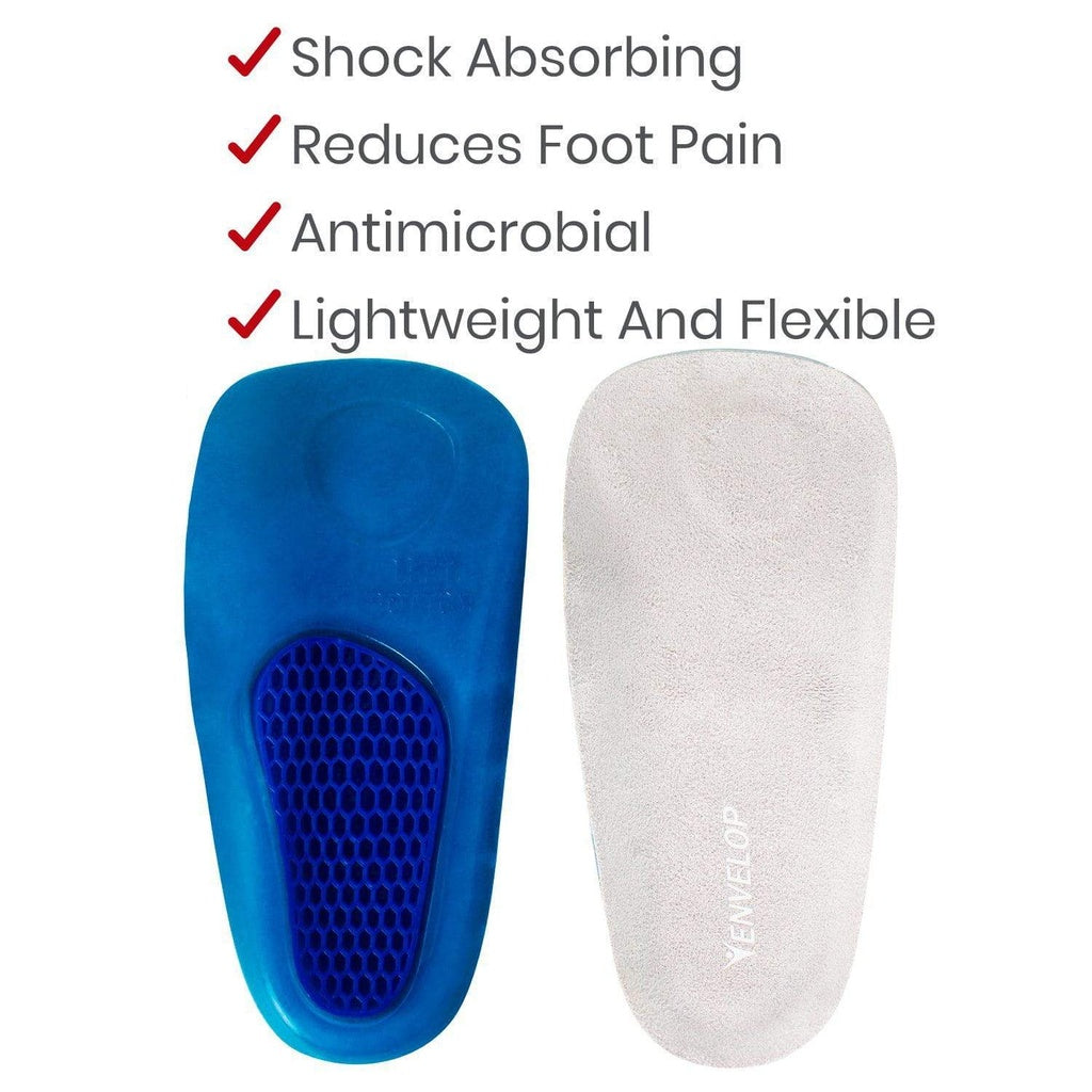 Blue and white shoe inserts with text highlighting their features on a white background