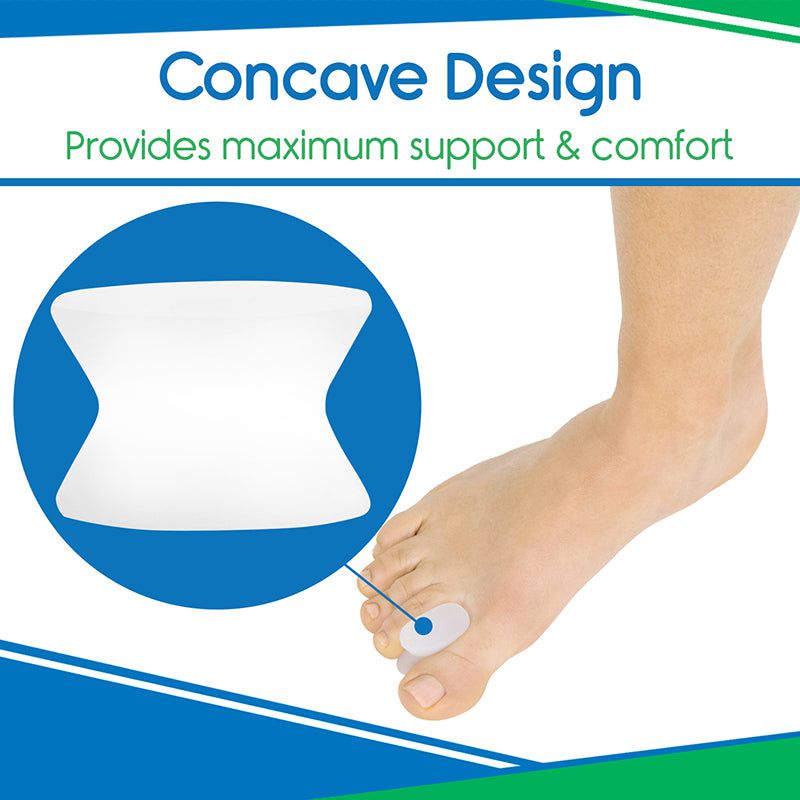 Foot with a concave design support pad and text about maximum support and comfort.