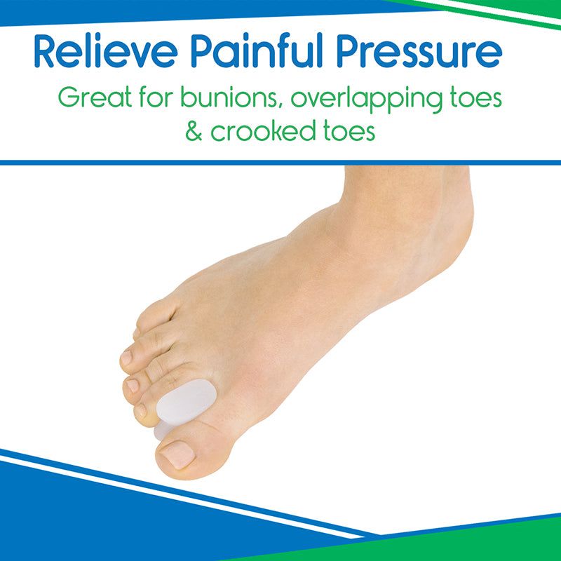 Foot with a bunion corrector and text about relieving painful pressure for bunions, overlapping toes, and crooked toes.
