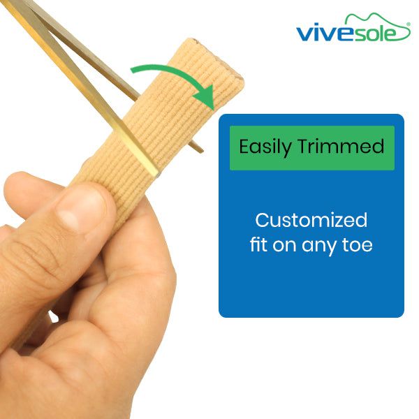 Wooden toe extension being held with a hand, branded 'Vivesole', on a white background.
