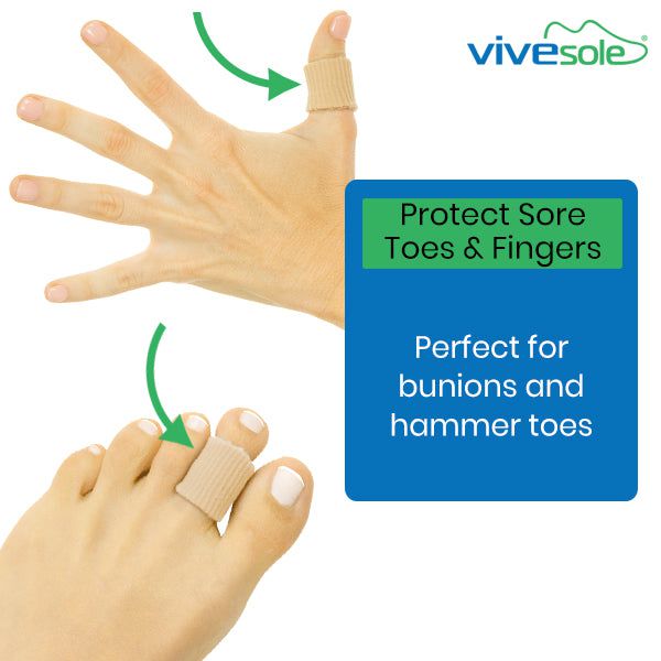 Hand and foot wearing Vivesole toe and finger protectors with product description on a white background.