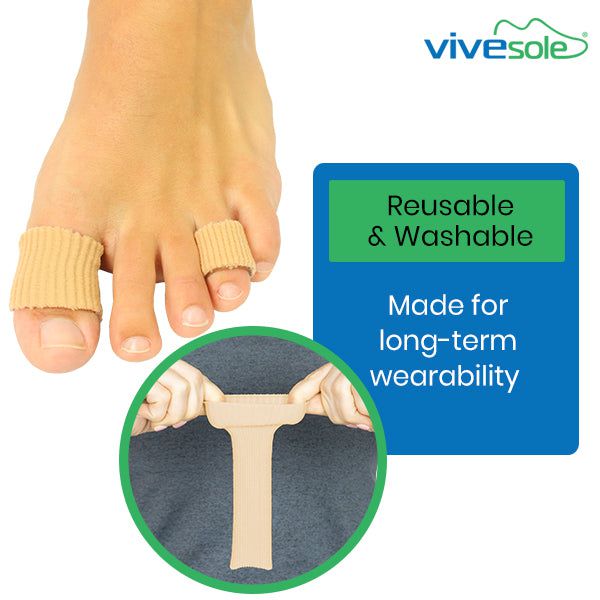 Foot with bunion correctors and Vivesole branding, highlighting reusability and washability.