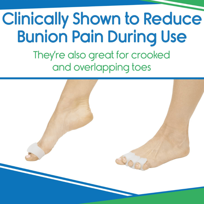 Bunion correctors on feet with text about reducing bunion pain and compatibility with crooked and overlapping toes.